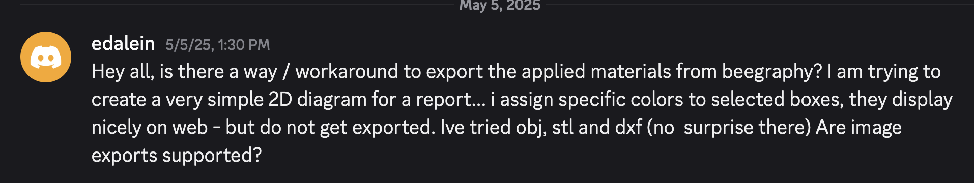 Discord message by user "edalein" asking about exporting applied materials from BeeGraphy.